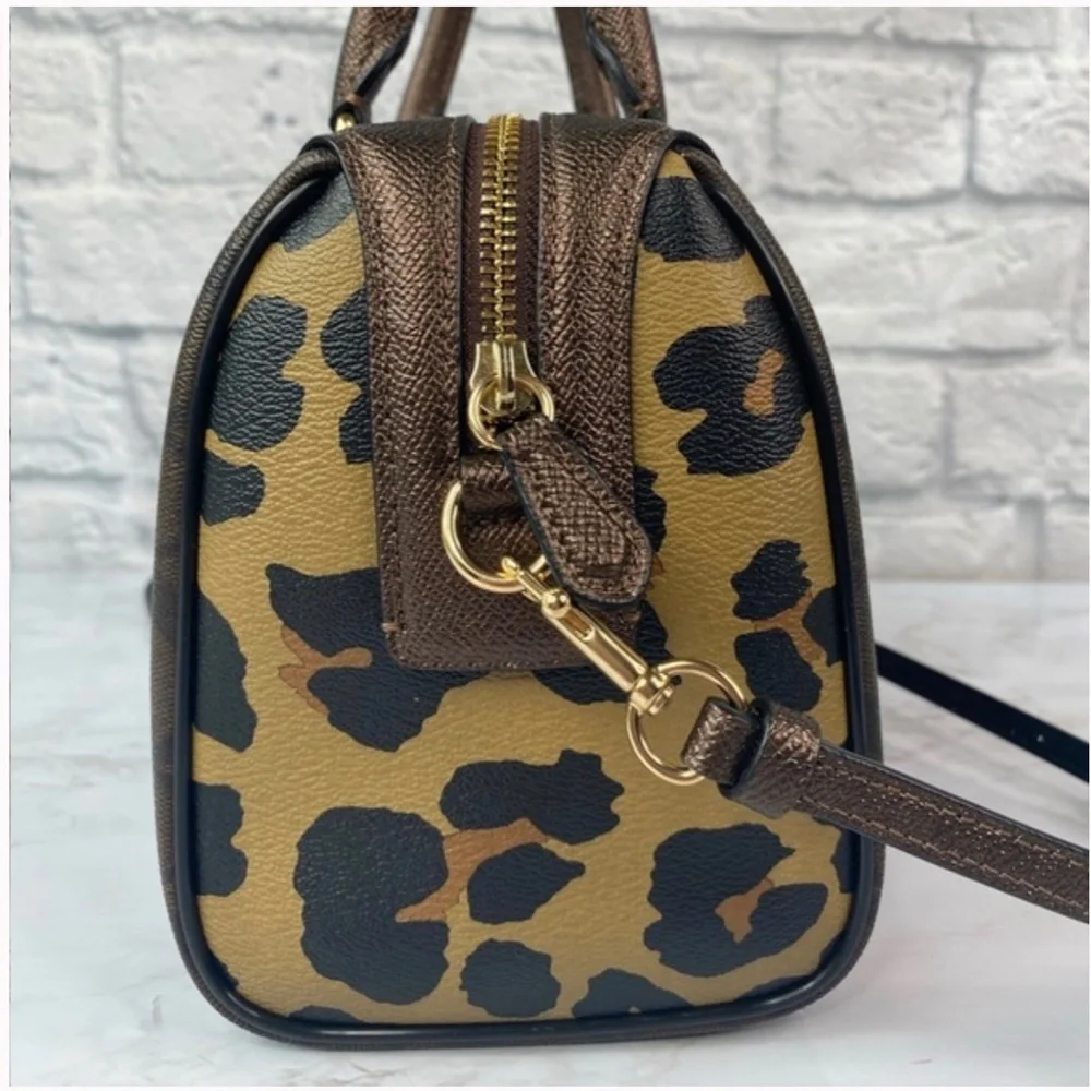 Coach Brown Signature Canvas Satchel with Leopard Accent